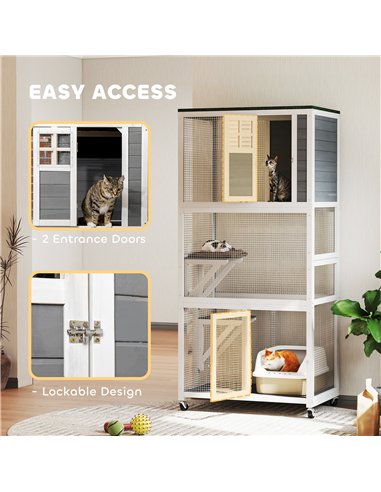 PawHut Wooden Catio Cat Outdoor Enclosure, Cat Cage with Waterproof Roof, Platforms, for Multiple Cats, White