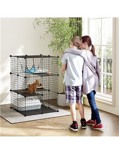 PawHut Indoor Cat Cage DIY Customizable 3-Tier Indoor Cat Enclosure with 3 Doors and Hammock 105 cm Black