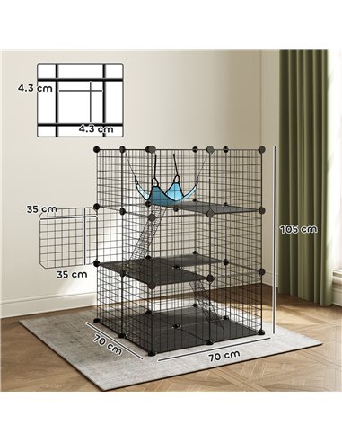 PawHut Indoor Cat Cage DIY Customizable 3-Tier Indoor Cat Enclosure with 3 Doors and Hammock 105 cm Black