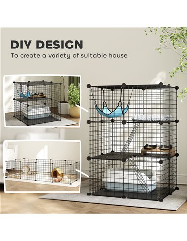 PawHut Indoor Cat Cage DIY Customizable 3-Tier Indoor Cat Enclosure with 3 Doors and Hammock 105 cm Black