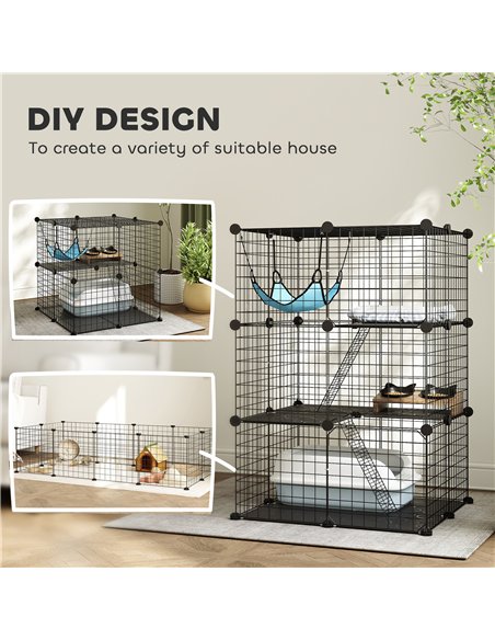 PawHut Indoor Cat Cage DIY Customizable 3-Tier Indoor Cat Enclosure with 3 Doors and Hammock 105 cm Black - pic 194353 | FastDaddyshop
