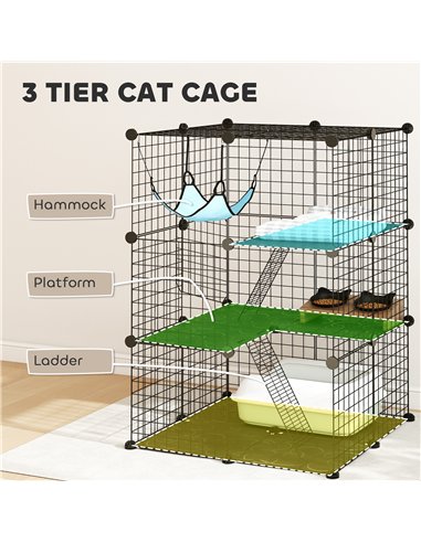 PawHut Indoor Cat Cage DIY Customizable 3-Tier Indoor Cat Enclosure with 3 Doors and Hammock 105 cm Black