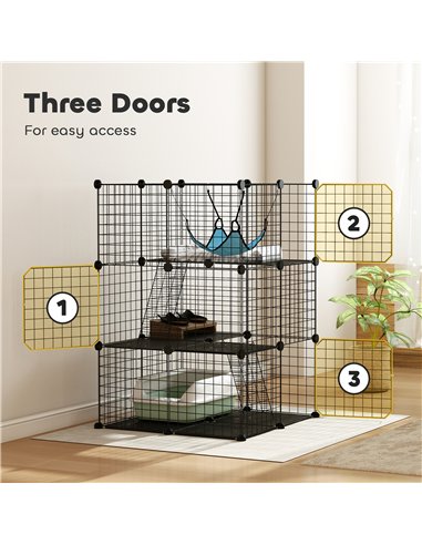 PawHut Indoor Cat Cage DIY Customizable 3-Tier Indoor Cat Enclosure with 3 Doors and Hammock 105 cm Black