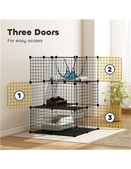 PawHut Indoor Cat Cage DIY Customizable 3-Tier Indoor Cat Enclosure with 3 Doors and Hammock 105 cm Black - pic 194355 | FastDaddyshop