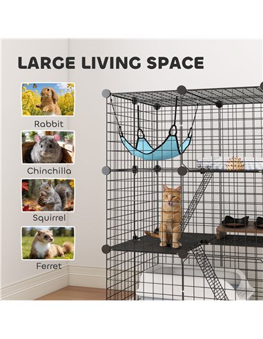PawHut Indoor Cat Cage DIY Customizable 3-Tier Indoor Cat Enclosure with 3 Doors and Hammock 105 cm Black