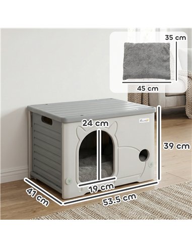 PawHut Cat House Stackable Pet Shelter with Removable Cushion for Indoor Outdoor Use Grey