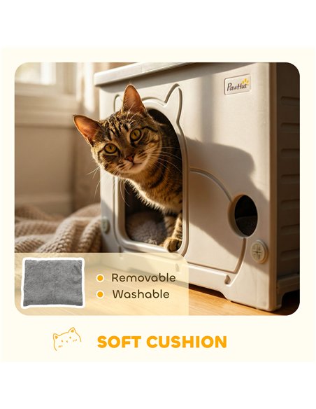 PawHut Cat House Stackable Pet Shelter with Removable Cushion for Indoor Outdoor Use Grey - pic 194363 | FastDaddyshop