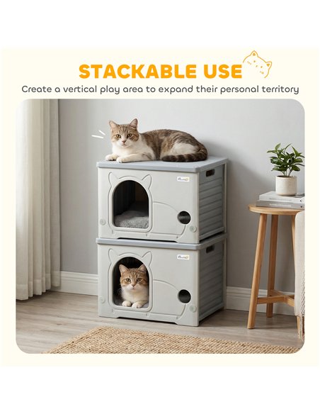 PawHut Cat House Stackable Pet Shelter with Removable Cushion for Indoor Outdoor Use Grey - pic 194364 | FastDaddyshop