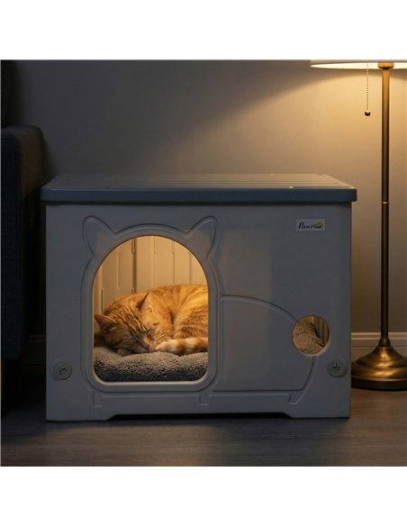 PawHut Cat House Stackable Pet Shelter with Removable Cushion for Indoor Outdoor Use Grey - pic 194366 | FastDaddyshop
