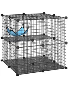 PawHut Indoor Cat Cage DIY Customizable 2-Tier Indoor Cat Enclosure with 2 Doors and Hammock 70 cm Black