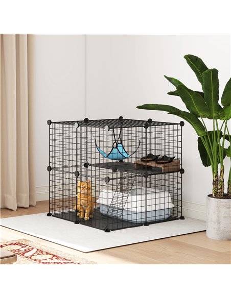 PawHut Indoor Cat Cage DIY Customizable 2-Tier Indoor Cat Enclosure with 2 Doors and Hammock 70 cm Black - pic 194369 | FastDaddyshop