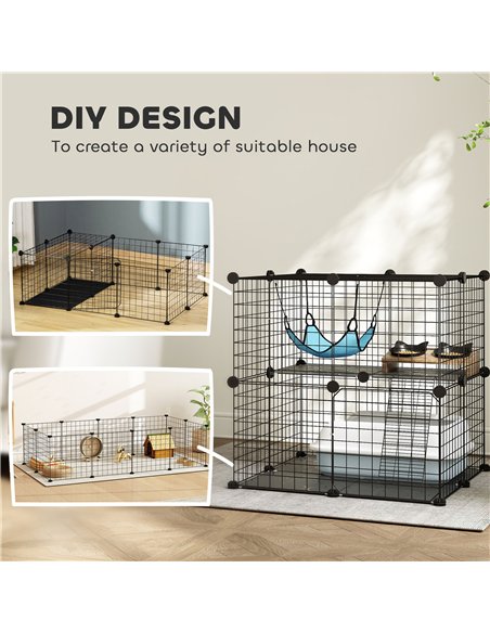 PawHut Indoor Cat Cage DIY Customizable 2-Tier Indoor Cat Enclosure with 2 Doors and Hammock 70 cm Black - pic 194371 | FastDaddyshop