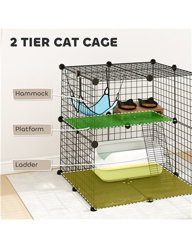 PawHut Indoor Cat Cage DIY Customizable 2-Tier Indoor Cat Enclosure with 2 Doors and Hammock 70 cm Black