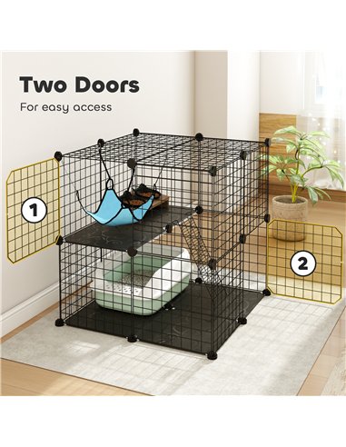 PawHut Indoor Cat Cage DIY Customizable 2-Tier Indoor Cat Enclosure with 2 Doors and Hammock 70 cm Black