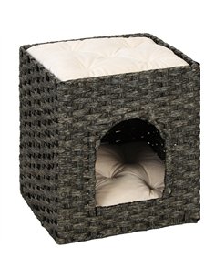 PawHut 2-Tier Wicker Cat House, Handwoven Rattan Cat Bed with Washable Cushions, Indoor Kitten Condo Hideaway