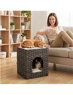 PawHut 2-Tier Wicker Cat House, Handwoven Rattan Cat Bed with Washable Cushions, Indoor Kitten Condo Hideaway 2