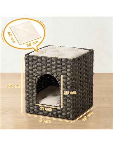 PawHut 2-Tier Wicker Cat House, Handwoven Rattan Cat Bed with Washable Cushions, Indoor Kitten Condo Hideaway