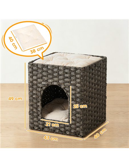 PawHut 2-Tier Wicker Cat House, Handwoven Rattan Cat Bed with Washable Cushions, Indoor Kitten Condo Hideaway - pic 194388 | FastDaddyshop