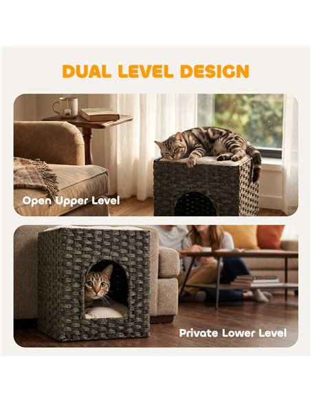 PawHut 2-Tier Wicker Cat House, Handwoven Rattan Cat Bed with Washable Cushions, Indoor Kitten Condo Hideaway - pic 194389 | FastDaddyshop