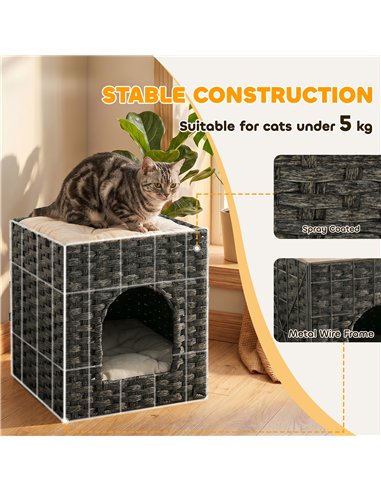 PawHut 2-Tier Wicker Cat House, Handwoven Rattan Cat Bed with Washable Cushions, Indoor Kitten Condo Hideaway