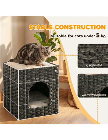 PawHut 2-Tier Wicker Cat House, Handwoven Rattan Cat Bed with Washable Cushions, Indoor Kitten Condo Hideaway - pic 194392 | FastDaddyshop