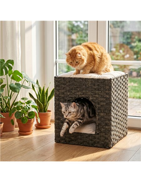PawHut 2-Tier Wicker Cat House, Handwoven Rattan Cat Bed with Washable Cushions, Indoor Kitten Condo Hideaway - pic 194393 | FastDaddyshop