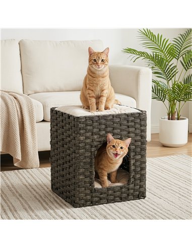 PawHut 2-Tier Wicker Cat House, Handwoven Rattan Cat Bed with Washable Cushions, Indoor Kitten Condo Hideaway