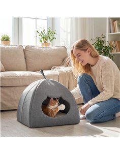 PawHut Cat Cave Bed for Indoor Kittens, Cat House with Removable Cushion and Teaser Ball, Kitty Igloo with Anti-Slip Base, 42 x  2