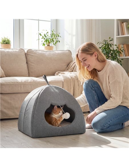 PawHut Cat Cave Bed for Indoor Kittens, Cat House with Removable Cushion and Teaser Ball, Kitty Igloo with Anti-Slip Base, 42 x  - pic 194414 | FastDaddyshop
