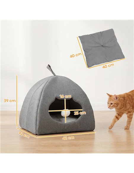 PawHut Cat Cave Bed for Indoor Kittens, Cat House with Removable Cushion and Teaser Ball, Kitty Igloo with Anti-Slip Base, 42 x  - pic 194415 | FastDaddyshop