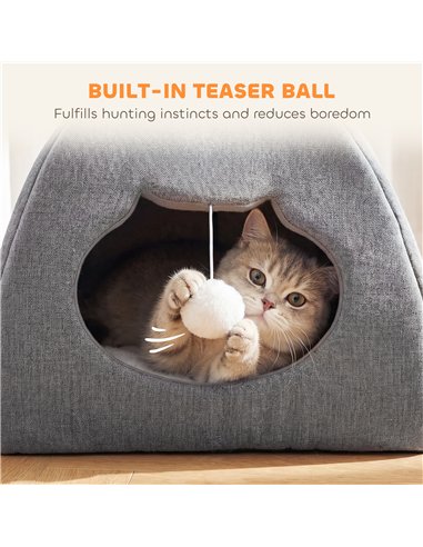 PawHut Cat Cave Bed for Indoor Kittens, Cat House with Removable Cushion and Teaser Ball, Kitty Igloo with Anti-Slip Base, 42 x 