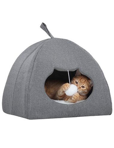 PawHut Cat Cave Bed for Indoor Kittens, Cat House with Removable Cushion and Teaser Ball, Kitty Igloo with Anti-Slip Base, 42 x 