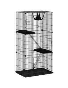 PawHut 3-Tier Large Cat Cage Indoor, Detachable Metal Wire Kennel with Hammock, Platforms, Tray and Cushions for 1-2 Kittens
