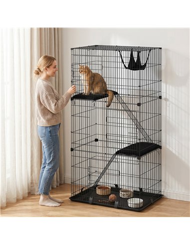 PawHut 3-Tier Large Cat Cage Indoor, Detachable Metal Wire Kennel with Hammock, Platforms, Tray and Cushions for 1-2 Kittens