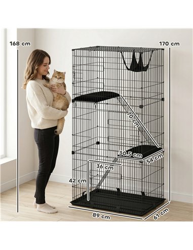 PawHut 3-Tier Large Cat Cage Indoor, Detachable Metal Wire Kennel with Hammock, Platforms, Tray and Cushions for 1-2 Kittens
