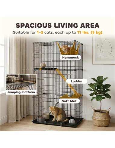 PawHut 3-Tier Large Cat Cage Indoor, Detachable Metal Wire Kennel with Hammock, Platforms, Tray and Cushions for 1-2 Kittens