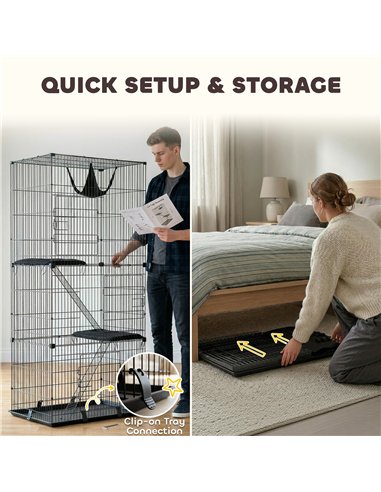 PawHut 3-Tier Large Cat Cage Indoor, Detachable Metal Wire Kennel with Hammock, Platforms, Tray and Cushions for 1-2 Kittens