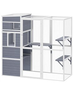 PawHut 4-Tier Wooden Catio Cat Outdoor Enclosure with Sun Roof, Resting Rooms, 3 Platforms, Window Outdoor Indoor, Grey