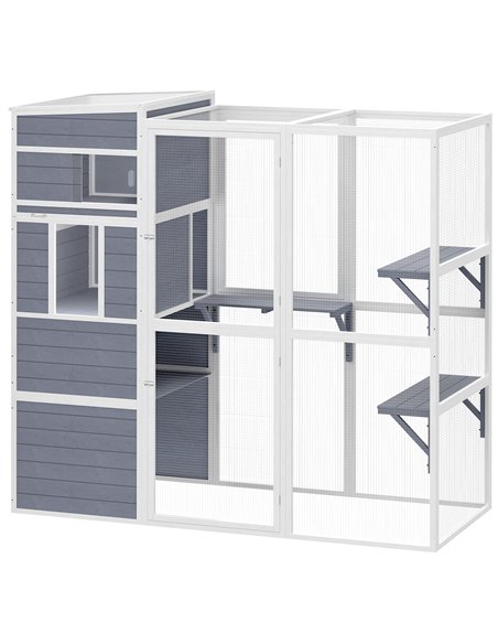 PawHut 4-Tier Wooden Catio Cat Outdoor Enclosure with Sun Roof, Resting Rooms, 3 Platforms, Window Outdoor Indoor, Grey - pic 194437 | FastDaddyshop