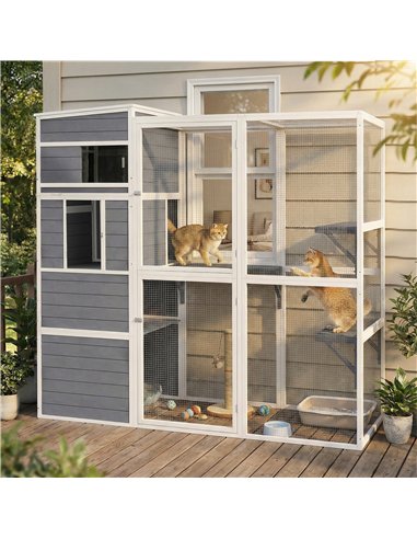 PawHut 4-Tier Wooden Catio Cat Outdoor Enclosure with Sun Roof, Resting Rooms, 3 Platforms, Window Outdoor Indoor, Grey