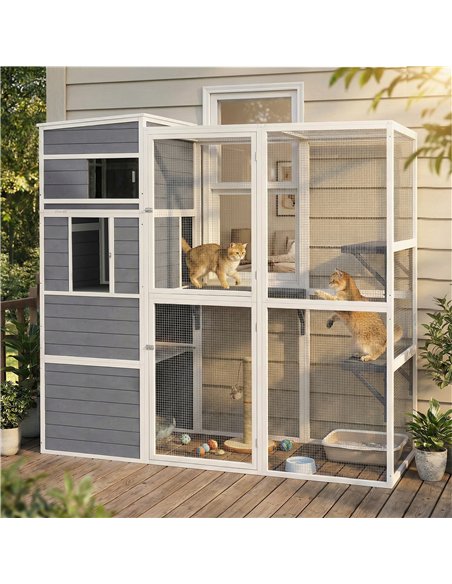 PawHut 4-Tier Wooden Catio Cat Outdoor Enclosure with Sun Roof, Resting Rooms, 3 Platforms, Window Outdoor Indoor, Grey - pic 194438 | FastDaddyshop