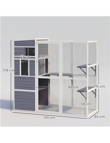 PawHut 4-Tier Wooden Catio Cat Outdoor Enclosure with Sun Roof, Resting Rooms, 3 Platforms, Window Outdoor Indoor, Grey