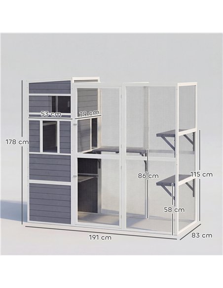 PawHut 4-Tier Wooden Catio Cat Outdoor Enclosure with Sun Roof, Resting Rooms, 3 Platforms, Window Outdoor Indoor, Grey - pic 194439 | FastDaddyshop