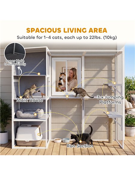 PawHut 4-Tier Wooden Catio Cat Outdoor Enclosure with Sun Roof, Resting Rooms, 3 Platforms, Window Outdoor Indoor, Grey - pic 194440 | FastDaddyshop