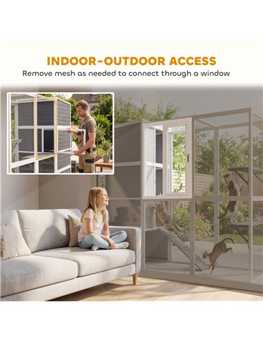 PawHut 4-Tier Wooden Catio Cat Outdoor Enclosure with Sun Roof, Resting Rooms, 3 Platforms, Window Outdoor Indoor, Grey