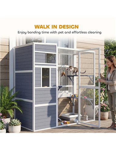 PawHut 4-Tier Wooden Catio Cat Outdoor Enclosure with Sun Roof, Resting Rooms, 3 Platforms, Window Outdoor Indoor, Grey