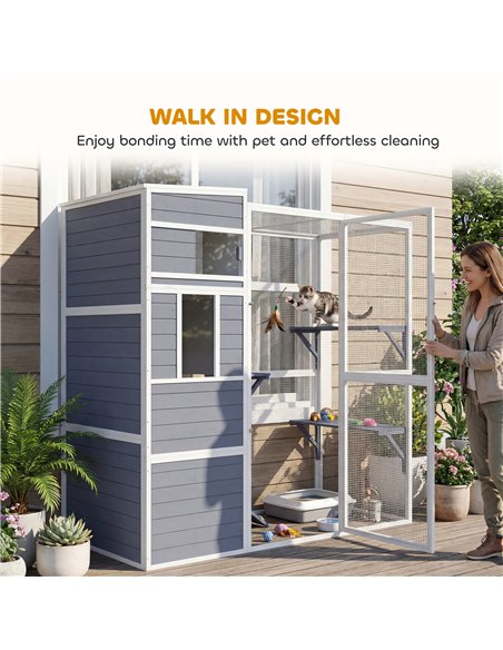 PawHut 4-Tier Wooden Catio Cat Outdoor Enclosure with Sun Roof, Resting Rooms, 3 Platforms, Window Outdoor Indoor, Grey - pic 194443 | FastDaddyshop