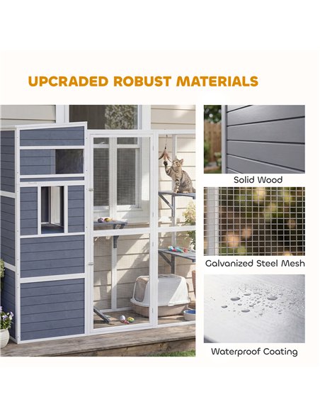 PawHut 4-Tier Wooden Catio Cat Outdoor Enclosure with Sun Roof, Resting Rooms, 3 Platforms, Window Outdoor Indoor, Grey - pic 194444 | FastDaddyshop