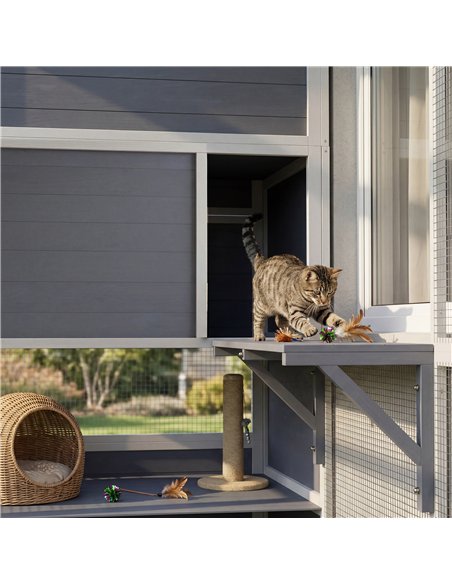 PawHut 4-Tier Wooden Catio Cat Outdoor Enclosure with Sun Roof, Resting Rooms, 3 Platforms, Window Outdoor Indoor, Grey - pic 194445 | FastDaddyshop