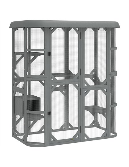 PawHut Catio Outdoor Cat Enclosure,  Wooden Cat House with Platforms, Condo and Waterproof Cover for 2–3 Kittens, Grey - pic 194446 | FastDaddyshop